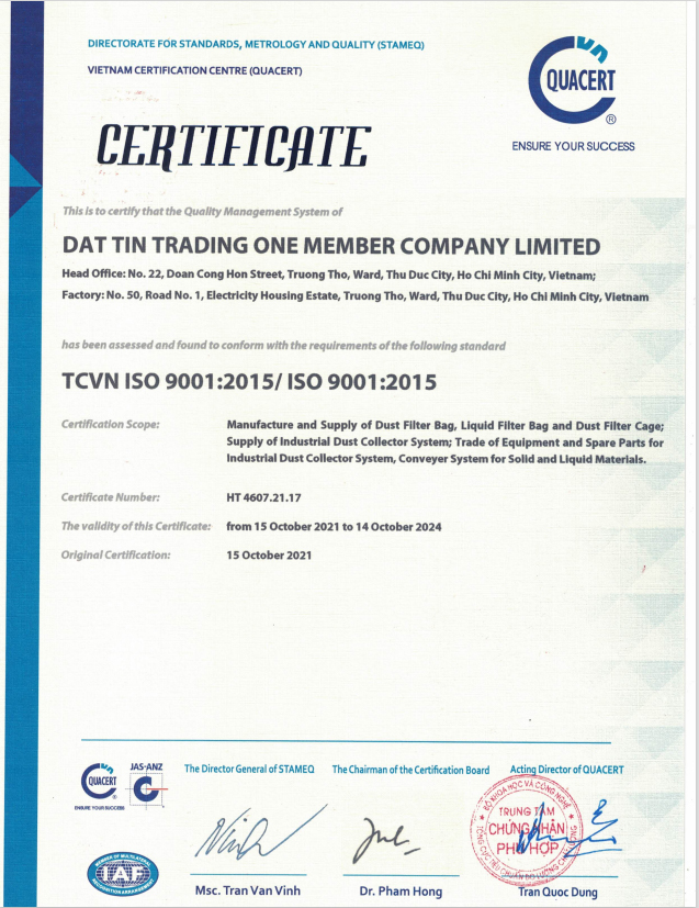 Công Ty TNHH Lọc Công Nghiệp Đạt Tín được chứng nhận đạt tiêu chuẩn quốc tế ISO 9001:2015
