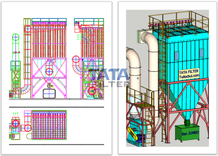 bản vẽ hệ lọc bụi xay xát lúa gạo